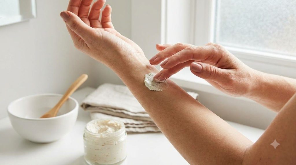 A hand applying a small amount of the mask to the inner arm for a patch test highlighting safe usage