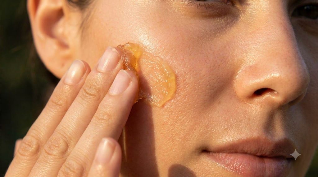 A person s hand gently applying a thick nourishing Vaseline and honey mix to their cheek demonstrating a self-care beaut