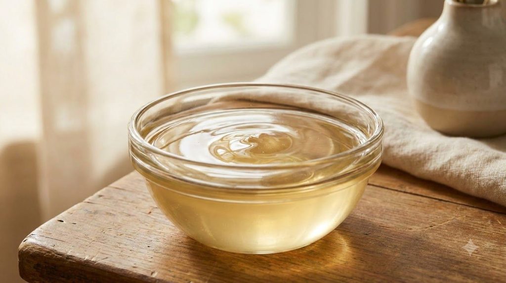 A small glass bowl containing a smooth glossy mixture of Vaseline and baby oil ready to be applied as a hydrating mask T