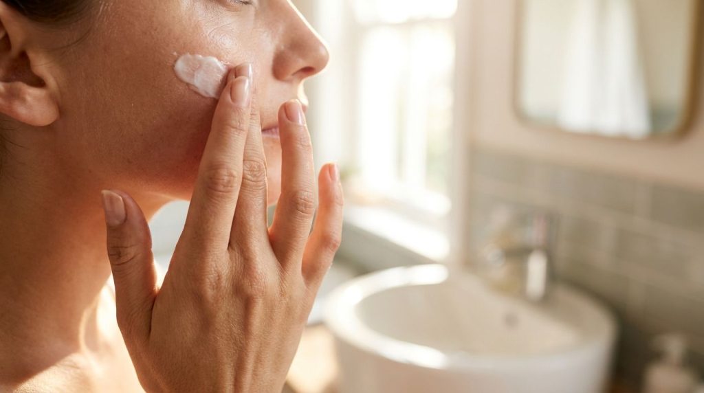 A close-up of a person gently applying a white paste to their cheek with their fingertips