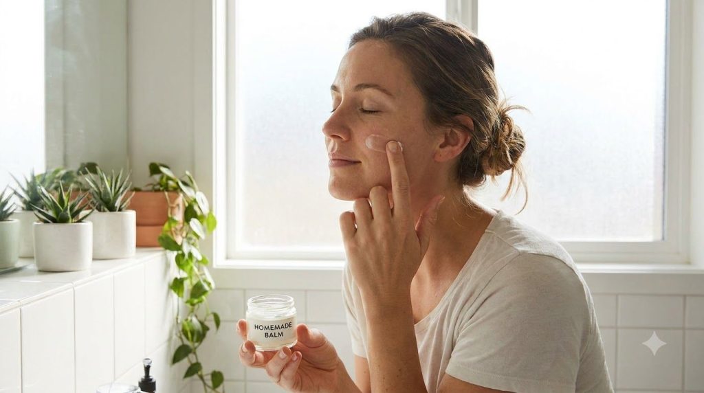 A woman gently applying a small amount of the homemade Vaseline-based balm to her clean face focusing on areas like chee