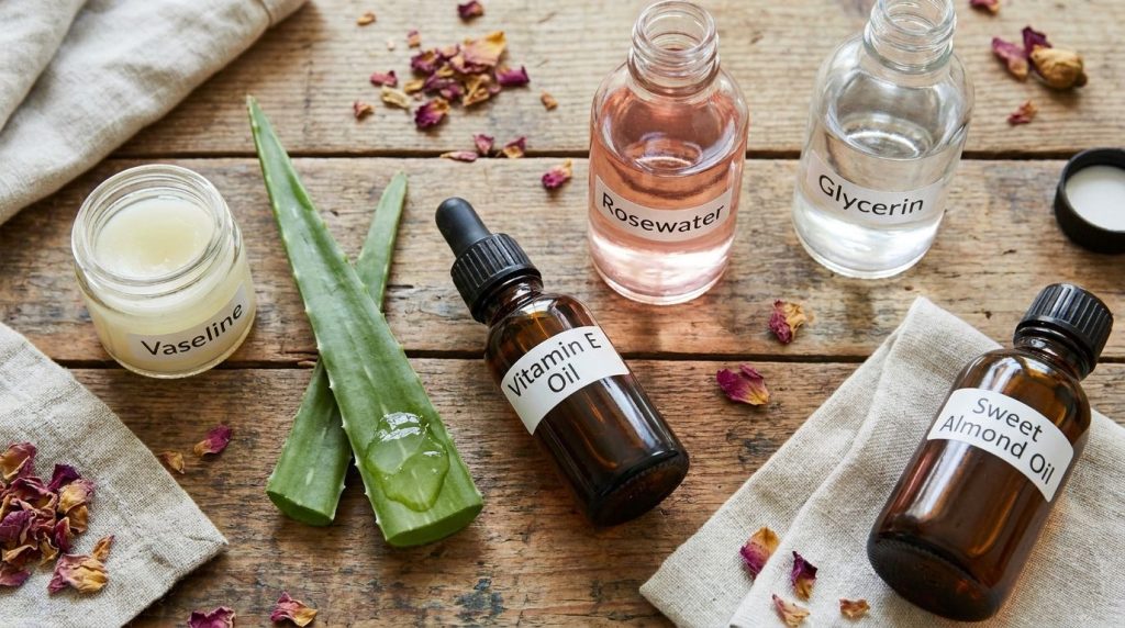 Close-up shot of the individual ingredients a small jar of Vaseline a leaf of aloe vera a dropper bottle of vitamin E oi