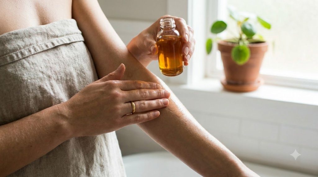 A woman s hand gently applying the homemade perfume body oil onto her forearm showing soft hydrated skin with a subtle g