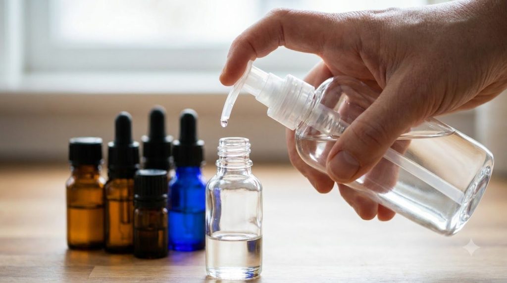 Close-up of a hand pouring clear baby oil from a larger bottle into a smaller empty mixing bottle with a selection of sm
