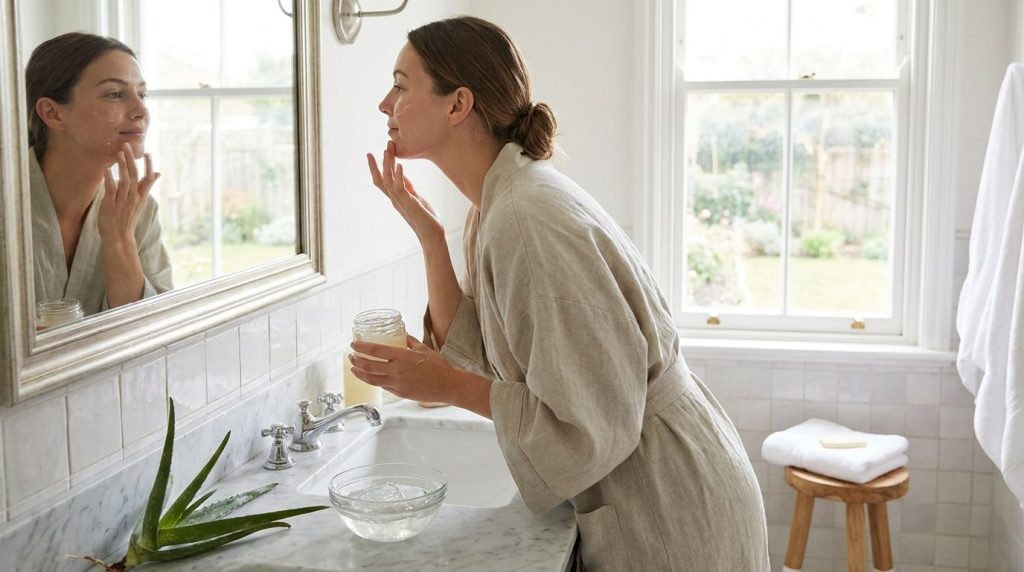 A woman gently applying a thin layer of the homemade Vaseline and aloe vera face mask to her clean skin in a well-lit ba