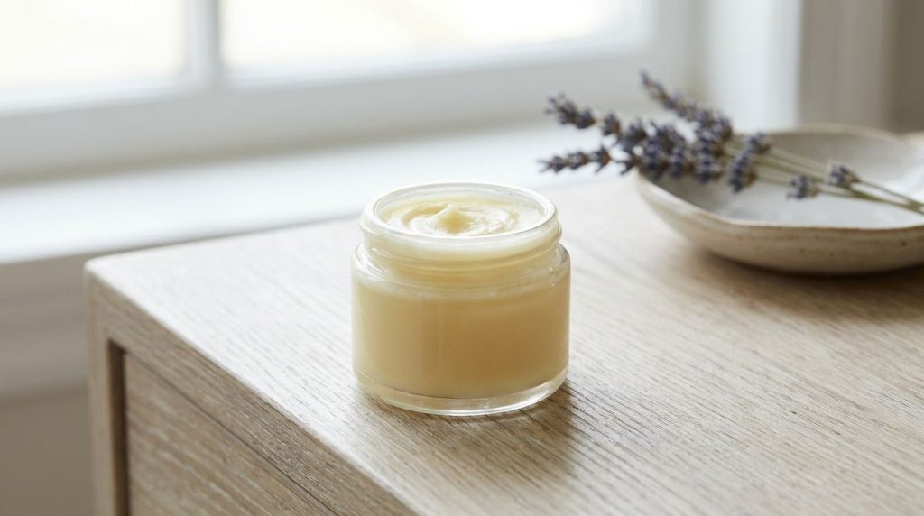 Close-up of a small glass jar with the finished Vaseline aloe vera vitamin C and lemon blend showing its creamy texture 