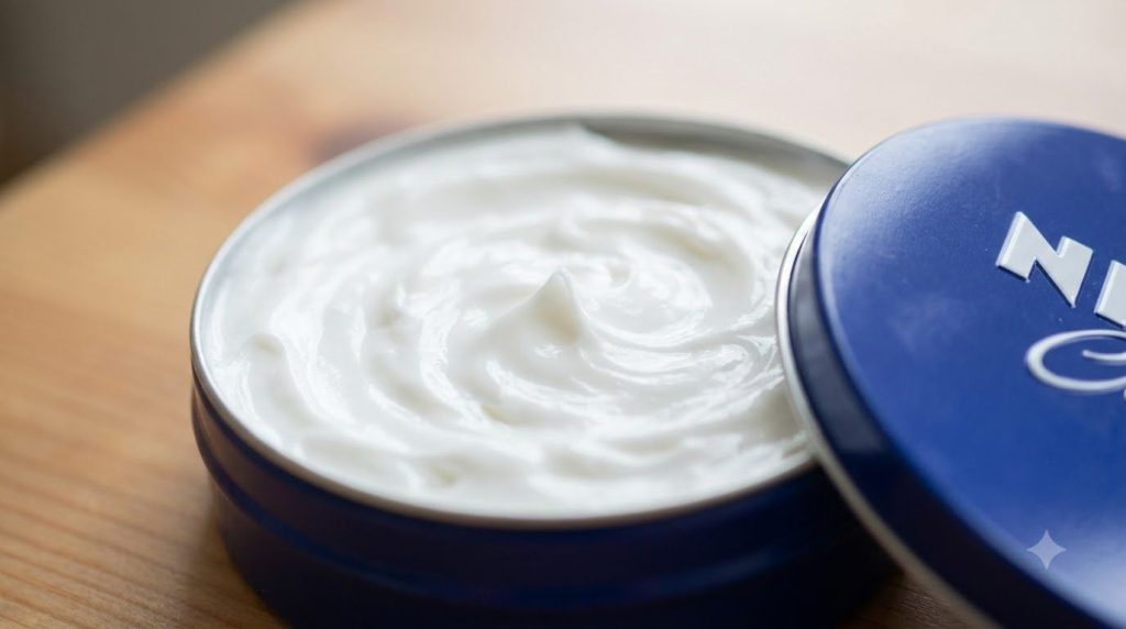 Close-up shot of NIVEA Creme in its classic blue tin highlighting its rich creamy texture
