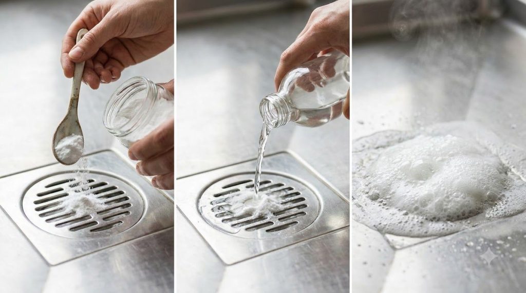 A hand pouring baking soda into a shower drain followed by another hand pouring white vinegar into the same drain showin