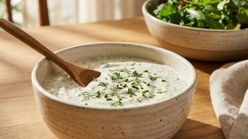 A bowl of creamy homemade ranch dressing garnished with fresh dill and chives with a vibrant green salad in the backgrou