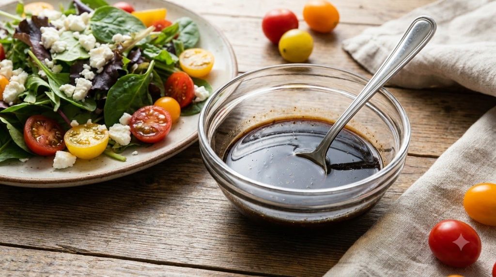 A bowl of rich balsamic vinaigrette dressing with a spoon next to a salad with mixed greens cherry tomatoes and feta che