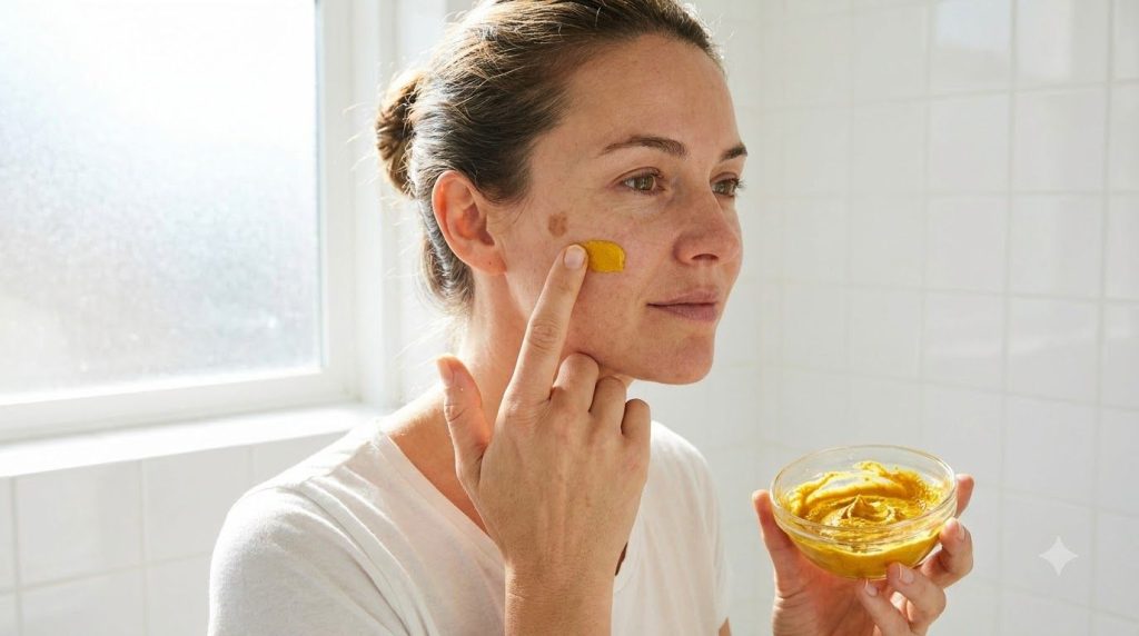 A woman applying a yellow DIY face mask to her cheek focusing on a specific spot with a gentle expression