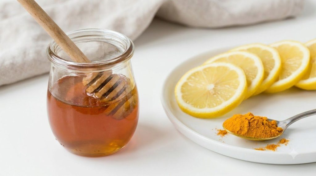 Close-up of a small glass jar of raw honey with a honey dipper next to a fresh lemon and a spoon with turmeric powder