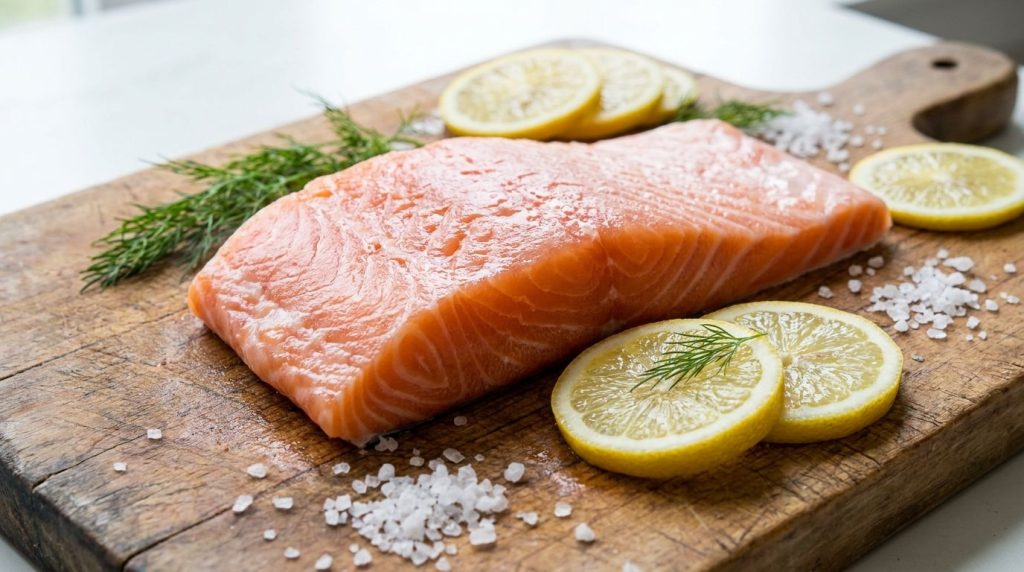 A beautiful fresh salmon fillet on a cutting board with lemon slices and fresh dill ready for preparation