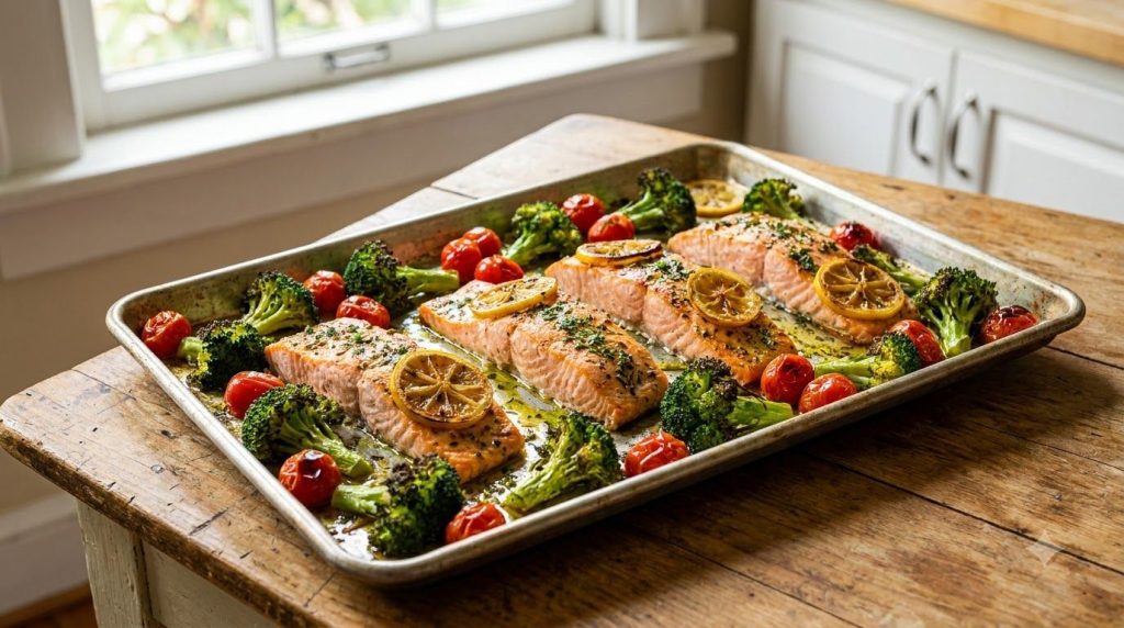 A sheet pan with baked salmon fillets and roasted vegetables like broccoli and cherry tomatoes