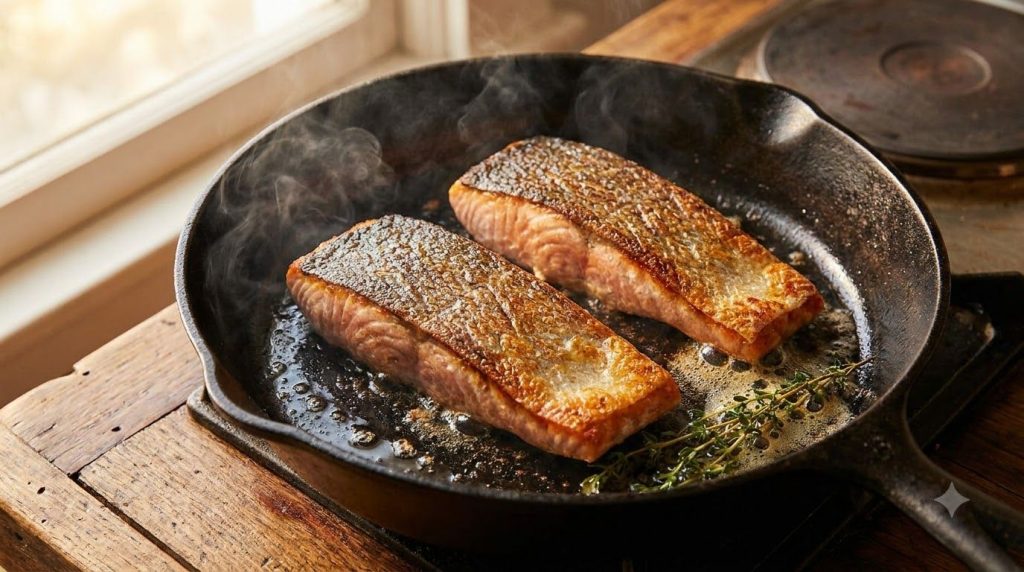 Salmon fillets searing in a hot skillet skin-side down with a golden-brown crust forming