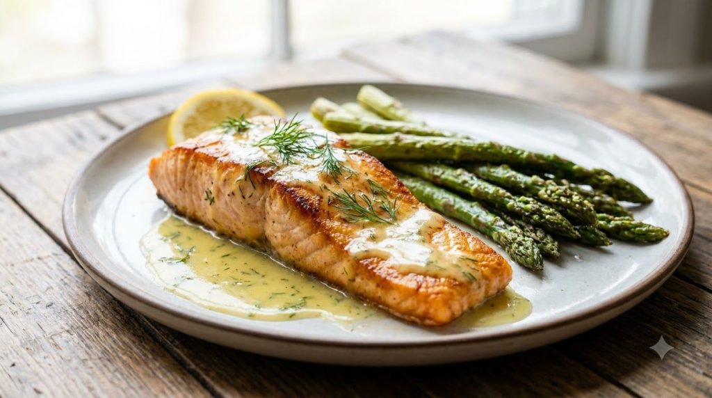 A plate of perfectly cooked pan-seared salmon with lemon-dill sauce garnished with fresh dill and a lemon wedge alongsid