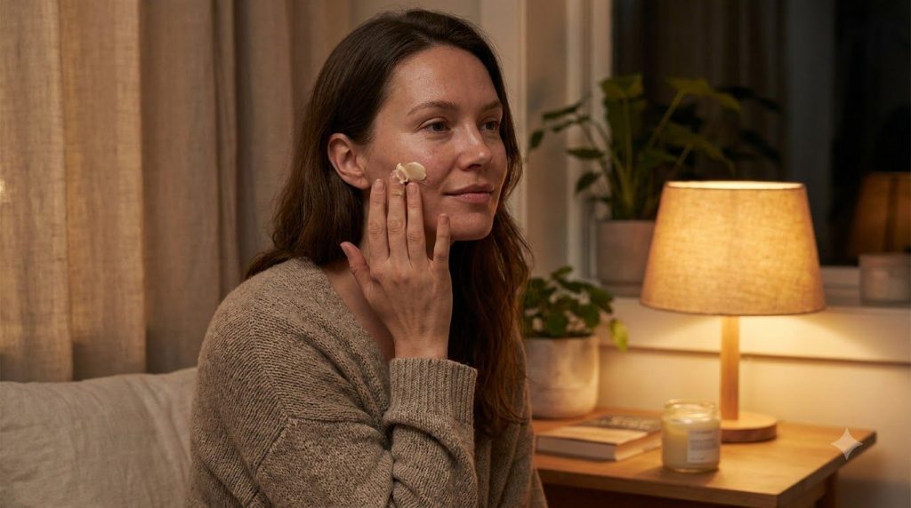 A woman gently applying a small amount of the DIY night balm to her face before bed her skin looking soft and healthy in