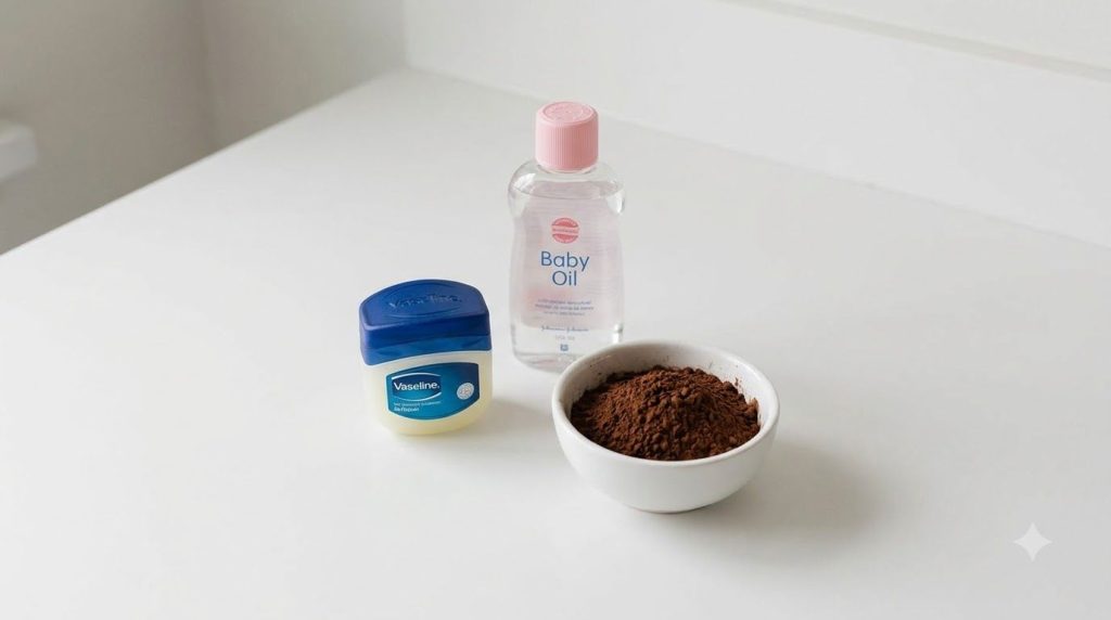 Close-up of a small jar of Vaseline a bottle of baby oil and a bowl of cocoa powder on a clean white surface highlightin