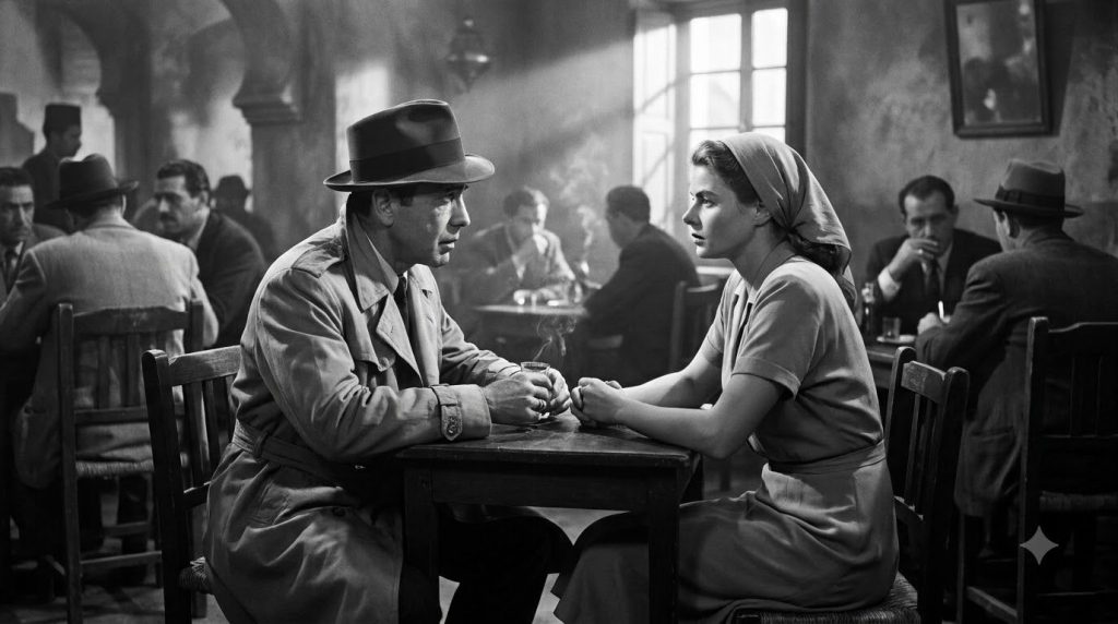 A still from the film Casablanca featuring Humphrey Bogart and Ingrid Bergman in a dramatic scene