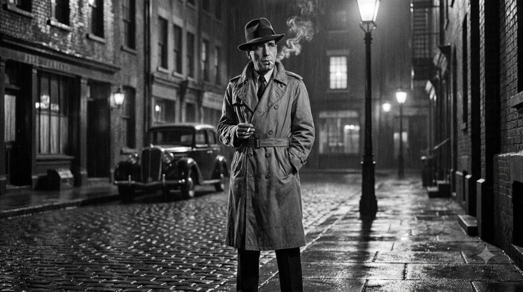 Humphrey Bogart wearing a trench coat and fedora a classic film noir look