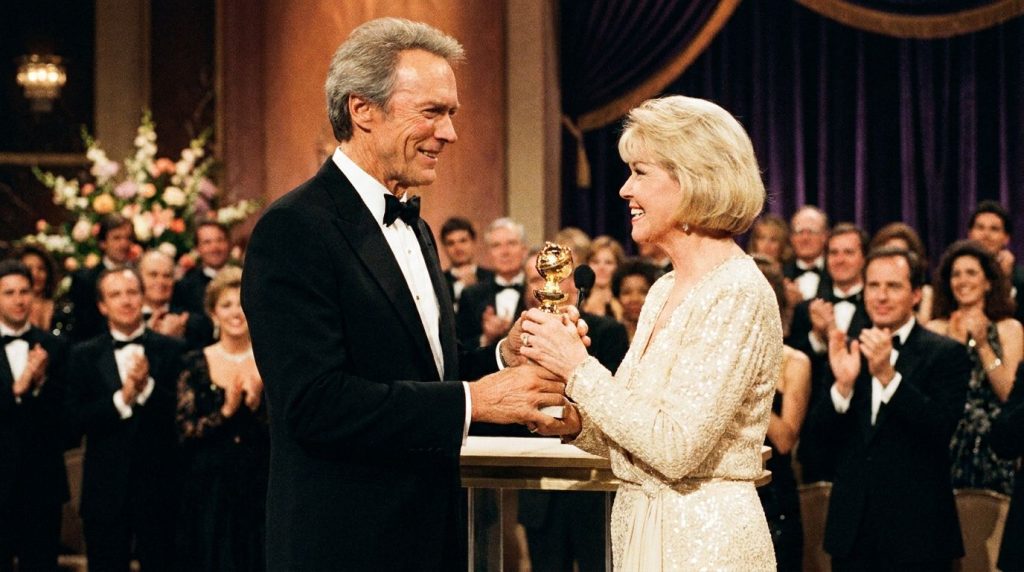 Clint Eastwood presenting a Lifetime Achievement Award to Doris Day on stage at a glamorous award ceremony in 1989