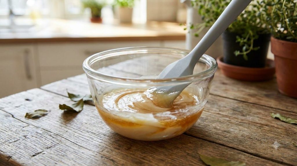 Close-up of a small bowl containing Vaseline honey and vitamin E oil being mixed with a spatula showing the creamy textu