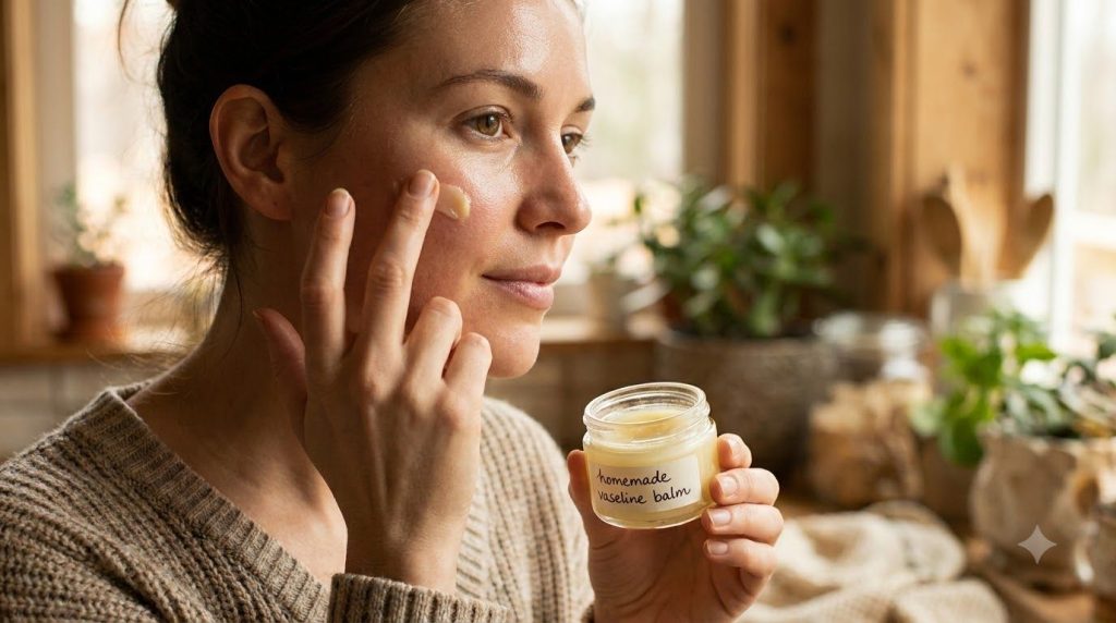 A woman gently applying a small amount of the DIY Vaseline balm to her cheek illustrating the smooth and radiant effect 