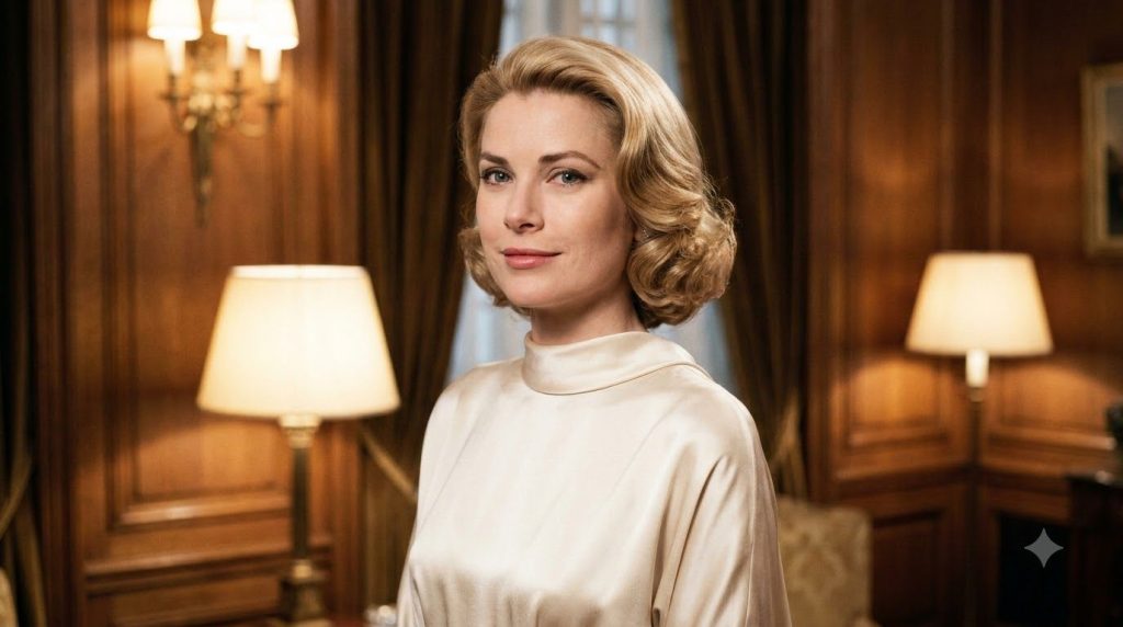A classic portrait of a young Grace Kelly with elegant hair and a serene expression reflecting her iconic Hollywood glam