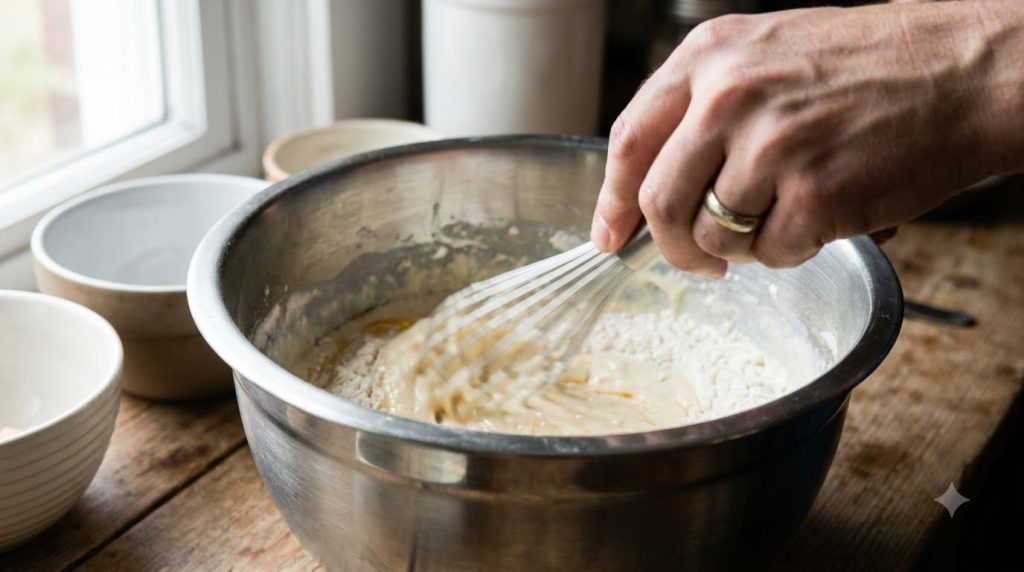 A close-up of a hand whisking ingredients in a mixing bowl for a homemade sauce