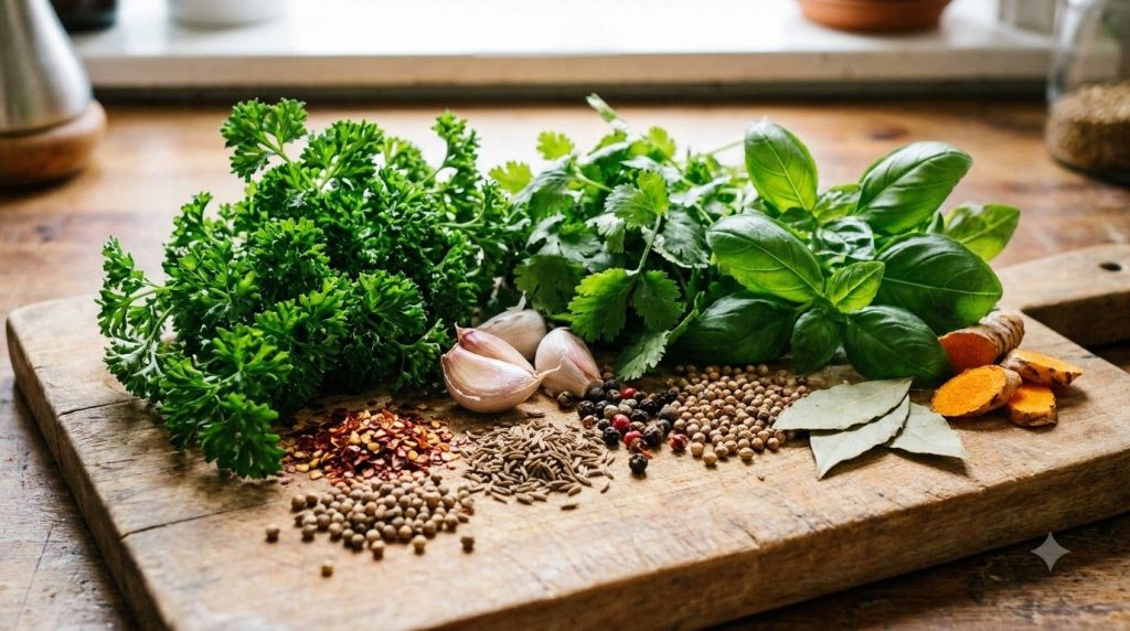 A cutting board with various fresh herbs and spices indicating preparation for sauces