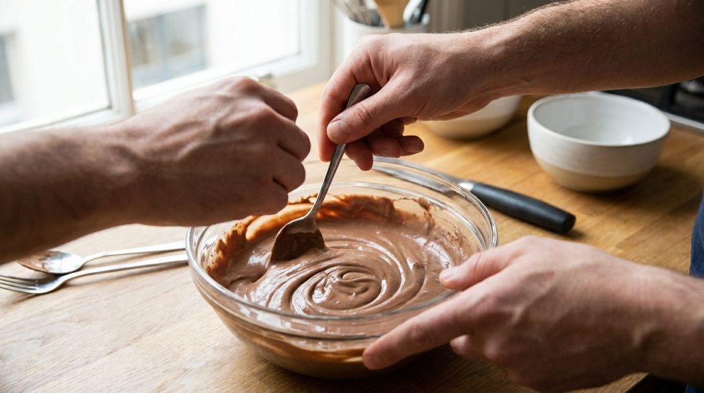 A person s hands gently mixing a brown glossy gel made from coffee egg yolk and Vaseline in a small clear glass bowl wit