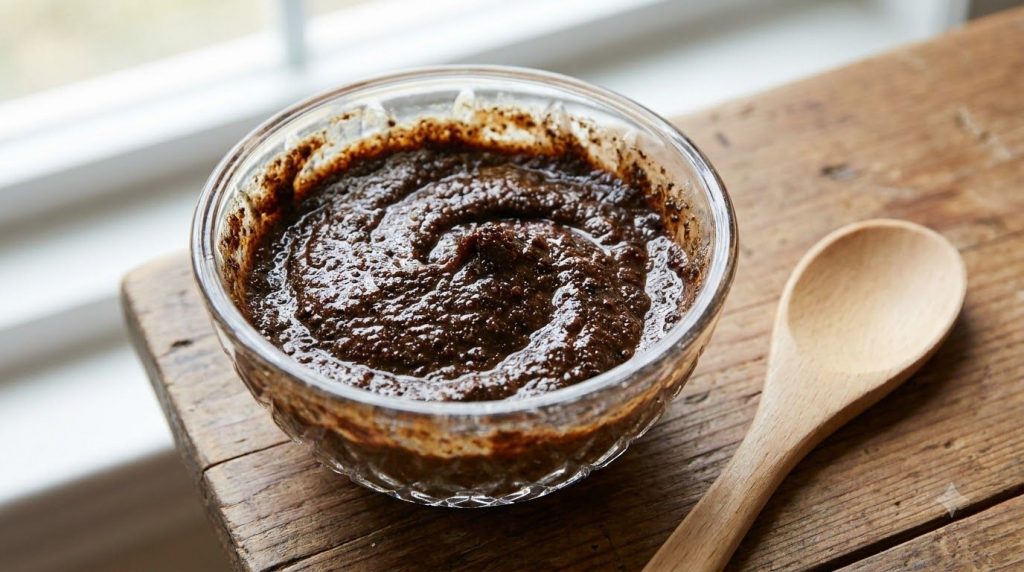 A close-up of the prepared DIY coffee egg and Vaseline night mask in a small glass bowl showing its thick glossy brown t
