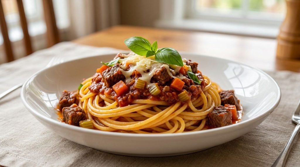 A beautifully plated bowl of Spaghetti Bolognese garnished with a generous sprinkle of grated Parmesan cheese and fresh 