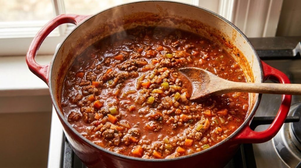 A close-up shot of a rich bubbling Spaghetti Bolognese sauce simmering in a large red Dutch oven Steam rises from the po