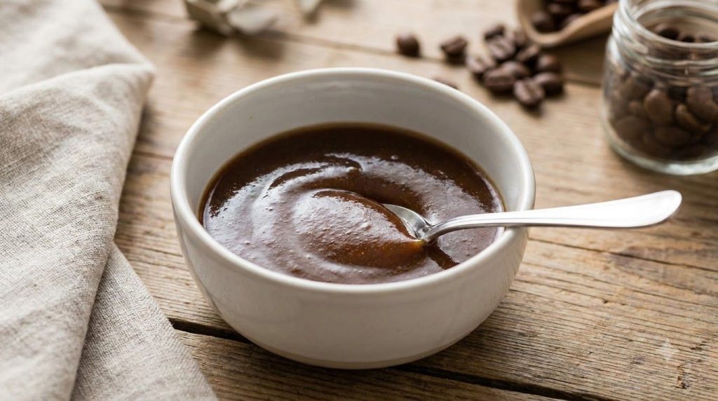 A small bowl filled with the prepared coffee egg and Vaseline night gel showing its thick glossy brown texture A small s