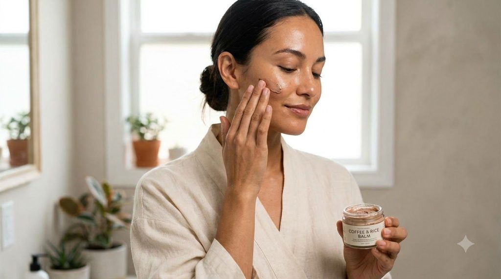 A woman gently applying a small amount of the coffee and rice powder Vaseline blend to her face with her fingertips show