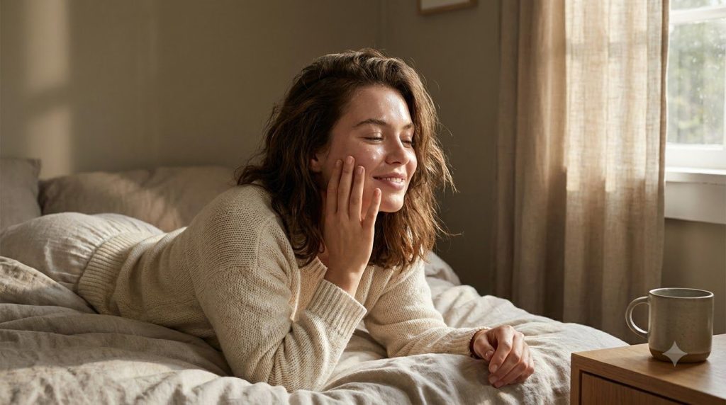 A woman waking up in the morning gently touching her glowing hydrated face with soft morning light illuminating her skin