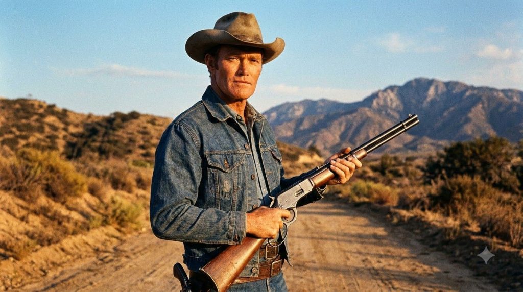 Chuck Connors as Lucas McCain in The Rifleman wearing a cowboy hat and holding a rifle with a rugged Western backdrop