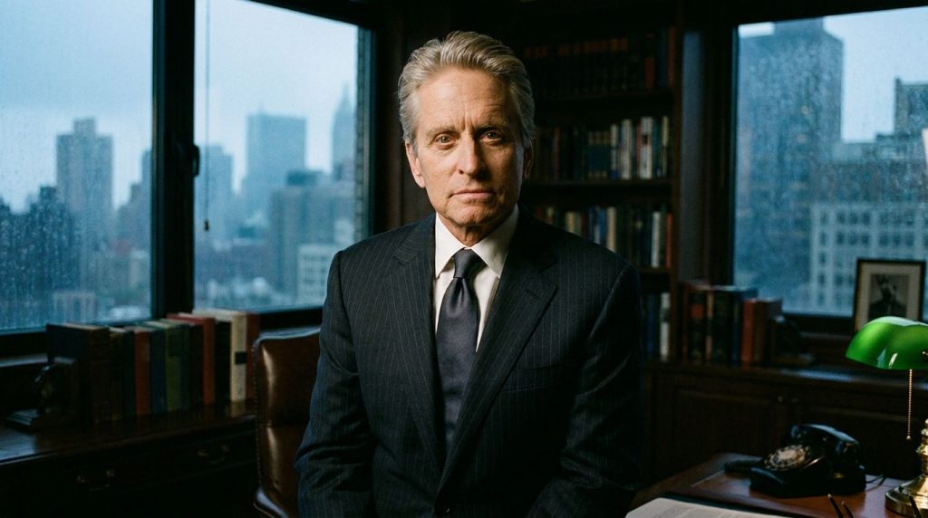 A portrait of Michael Douglas in a prominent role perhaps from Wall Street