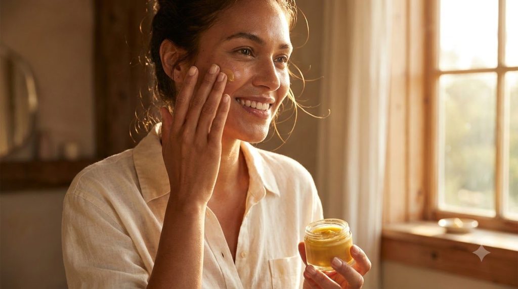 A woman gently applying a homemade yellow-tinged cream to her face with a soft natural glow to her skin Her expression i