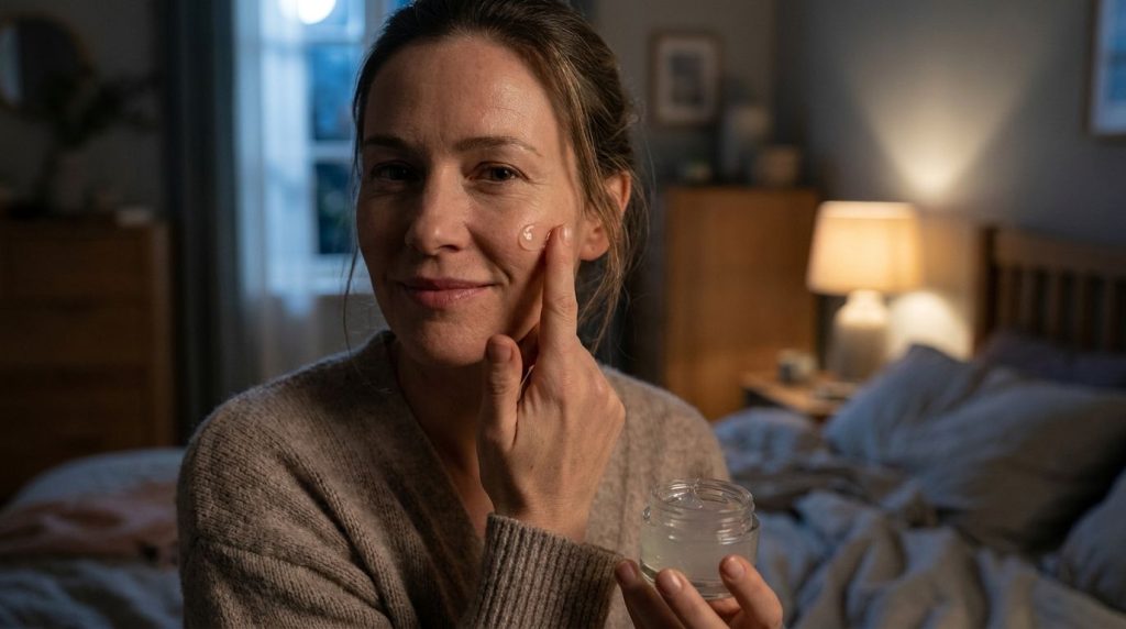 A woman gently applying a small amount of the clear Midnight Glow Gel to her face at night showing soft glowing skin