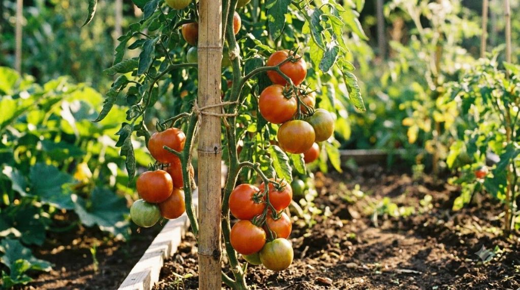 A close-up of a vibrant tomato plant with ripening red tomatoes securely tied to a sturdy bamboo stake in a garden bed