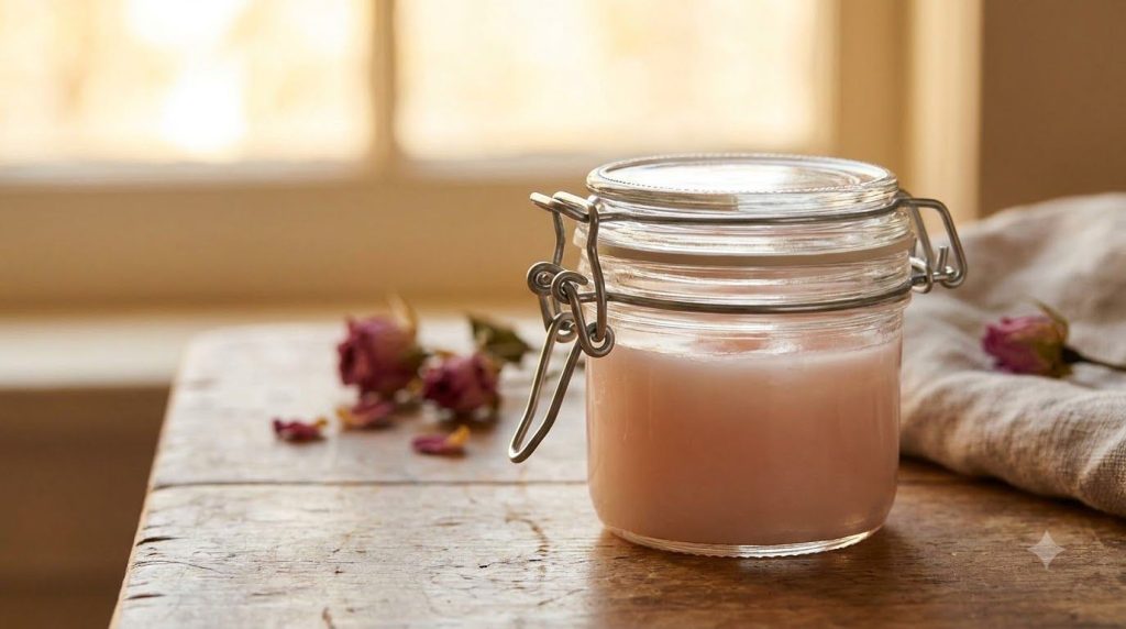 A small airtight glass jar filled with the prepared Vaseline baby oil and rose water mixture with a gentle glow emanatin