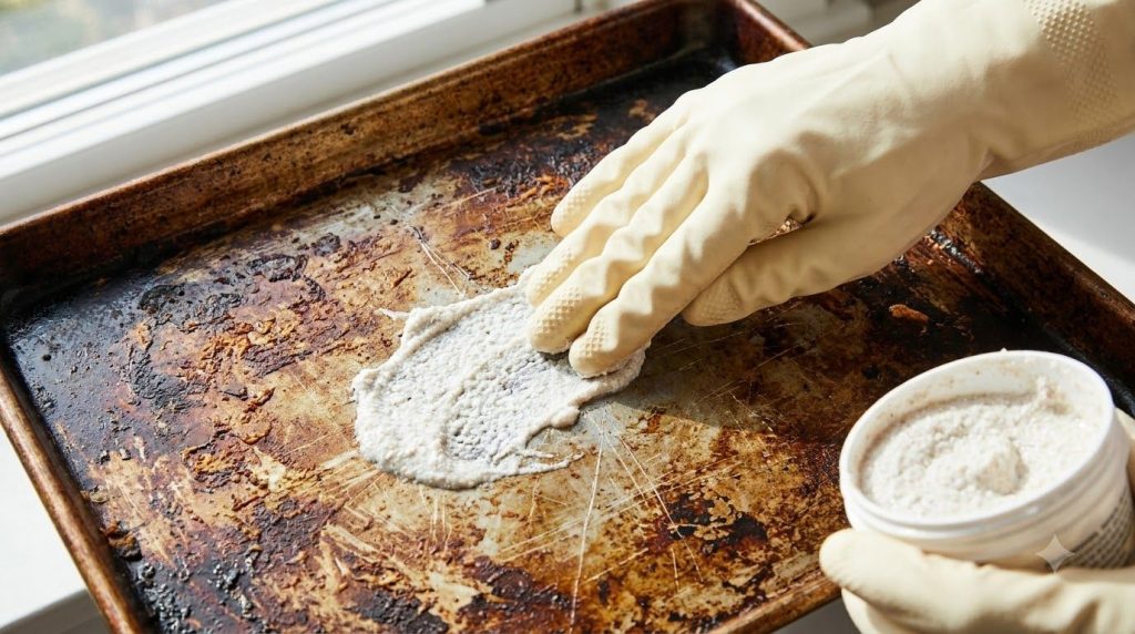 Close-up of a hand wearing a rubber glove spreading a thick white cleaning paste onto a heavily stained baking sheet