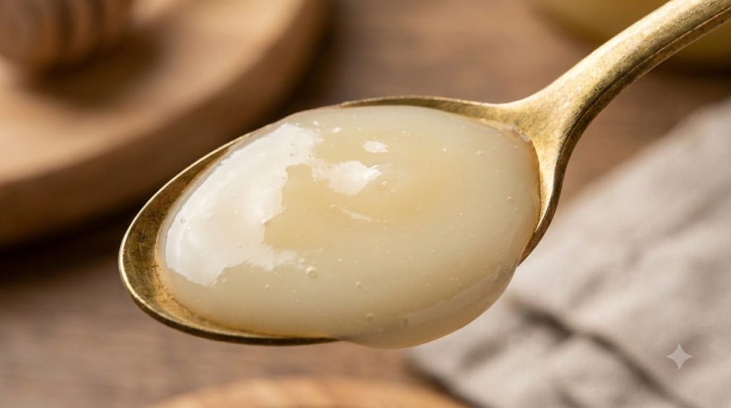 Close up of a spoonful of creamy royal jelly highlighting its rich texture and natural goodness