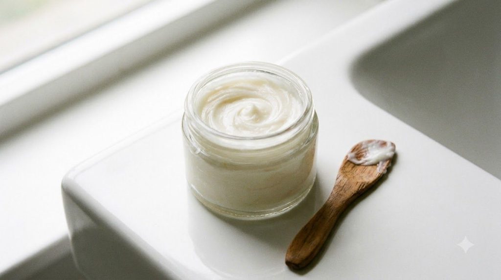 A small clear glass jar containing a freshly mixed creamy white balm with a small wooden spatula resting beside it on a 