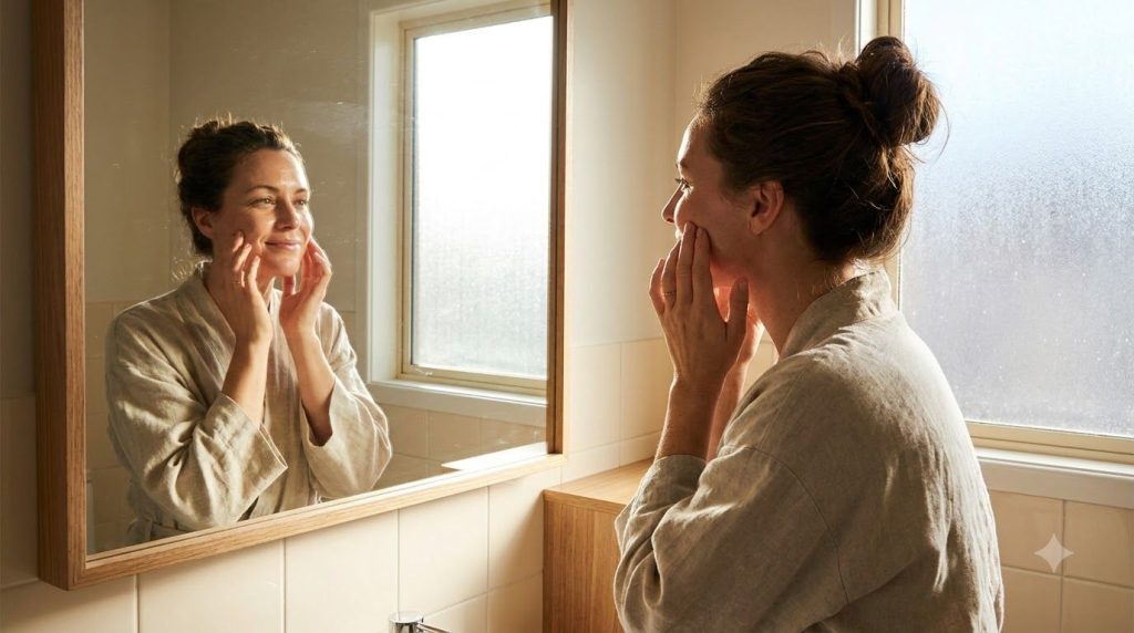 A woman waking up in the morning looking in the mirror with a surprised and pleased expression touching her cheek as if 