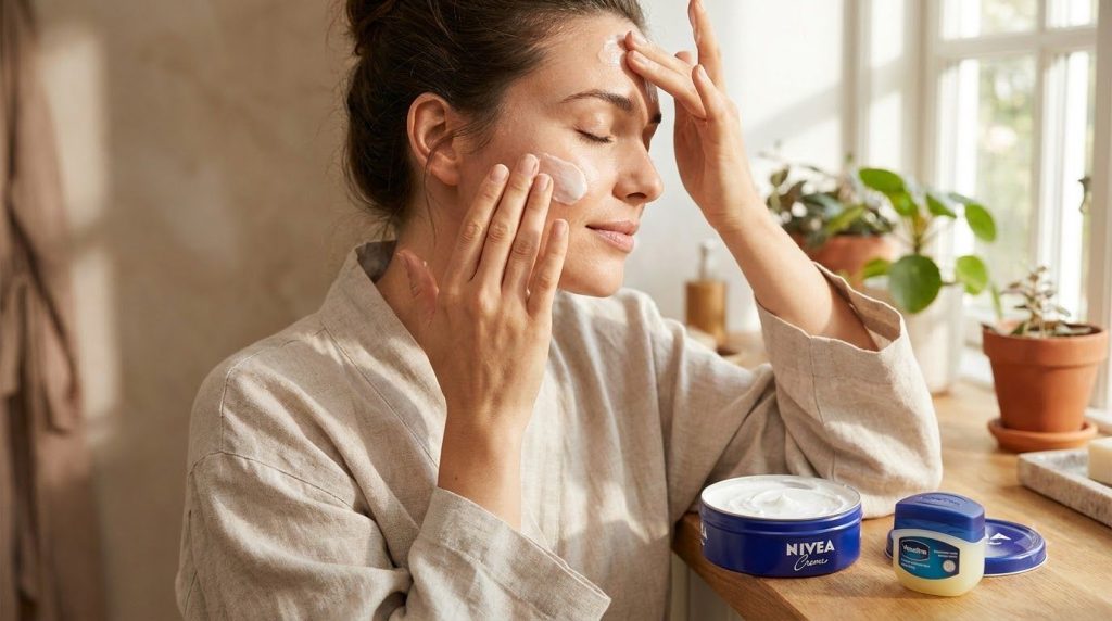 A woman gently applying the creamy mixture of NIVEA Creme and Vaseline to her clean face her eyes closed in a moment of 