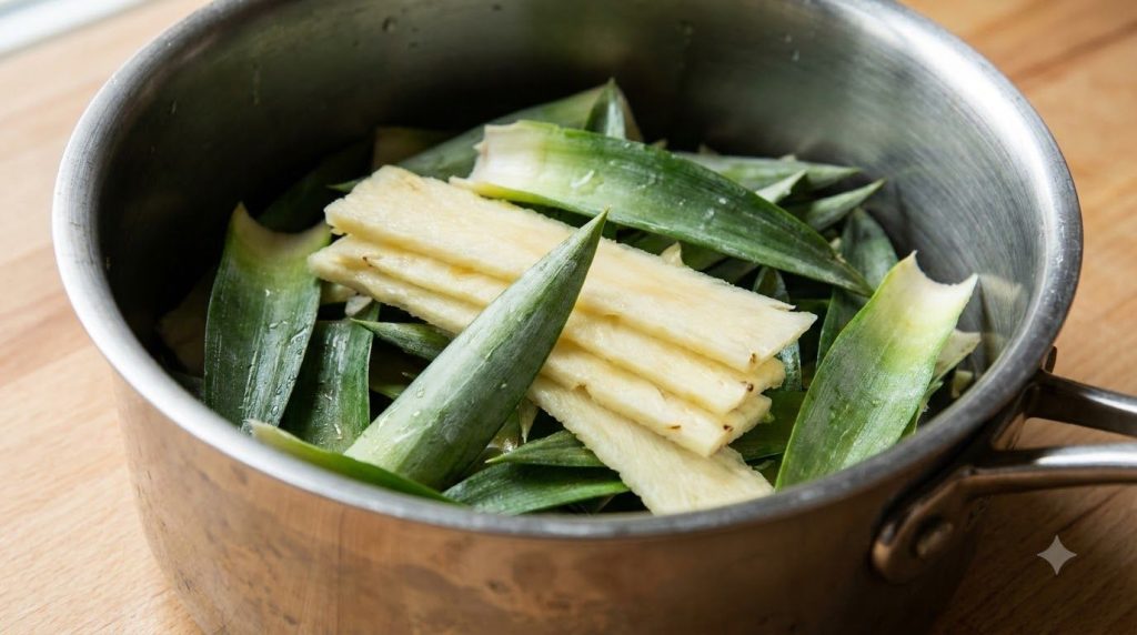 Close-up of freshly chopped green pineapple leaves and sliced core pieces in a saucepan ready for brewing
