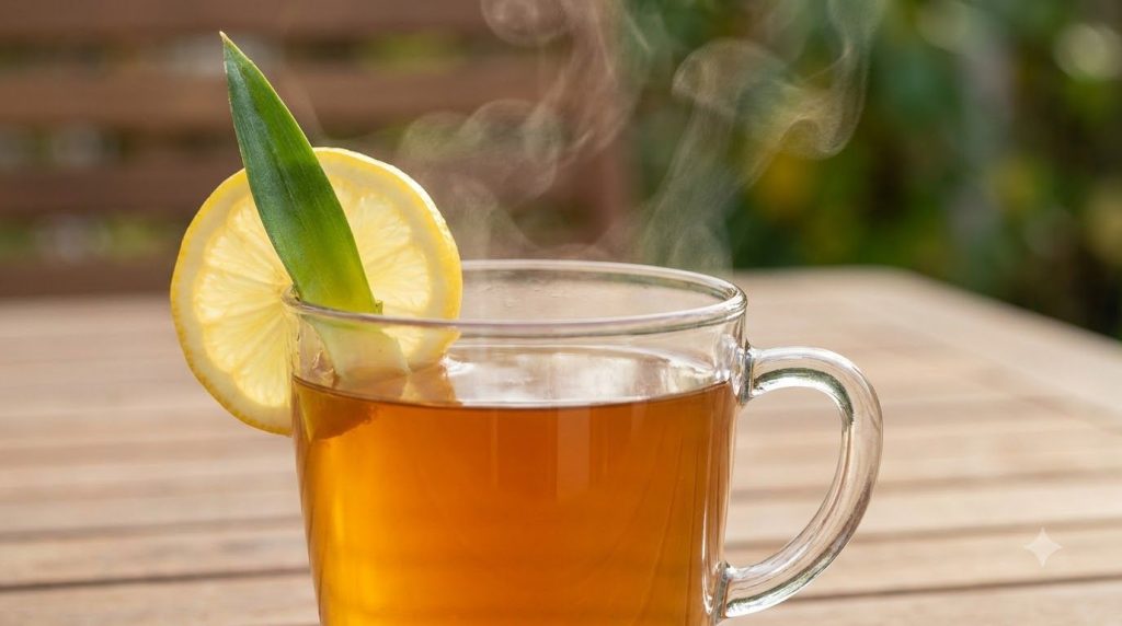 A close-up shot of a glass mug filled with amber-colored pineapple leaf tea garnished with a thin slice of lemon and a s